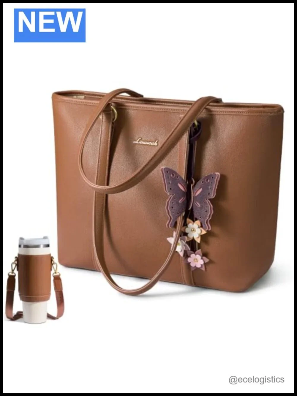 Faux Leather Tote Bag with Detachable Butterfly Pendant & Bottle Carrier